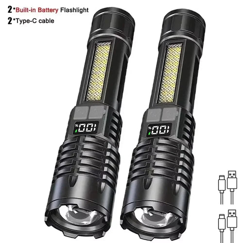 High Power LED Flashlight Portable Zoom Torch Type-C Rechargeable Waterproof Light with COB Side Lamp for Outdoor Camping Hiking